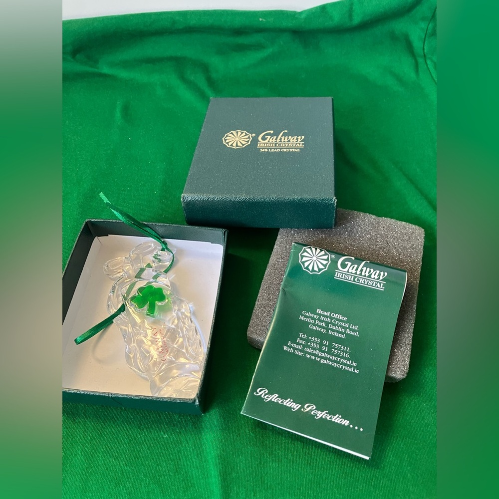 Galway Irish Crystal Golf Golfer Bag Ornament Clear W Green Shamrock In Box